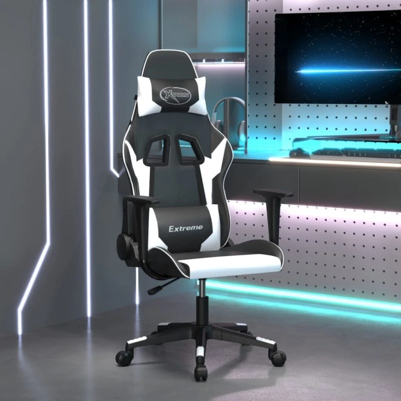 Gamingstol i kunstlæder sort/hvid – justerbar & ergonomisk