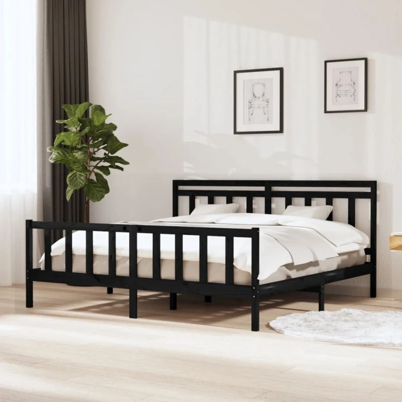 Sengeramme 200x200 cm i massivt fyrretræ - Sort