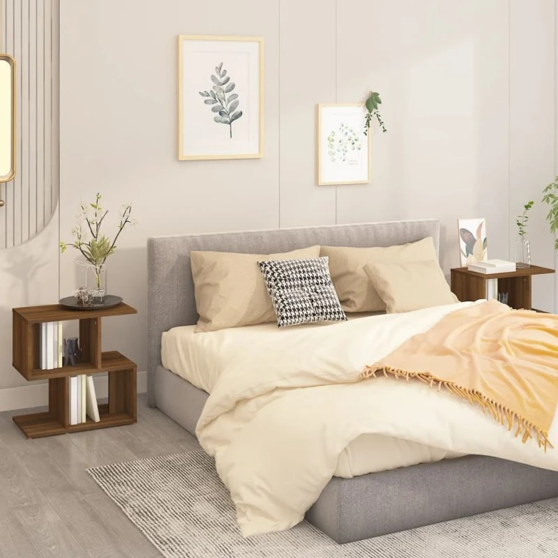 Sengeborde 2 stk. 50x30x51,5 cm i konstrueret brunt egetræ