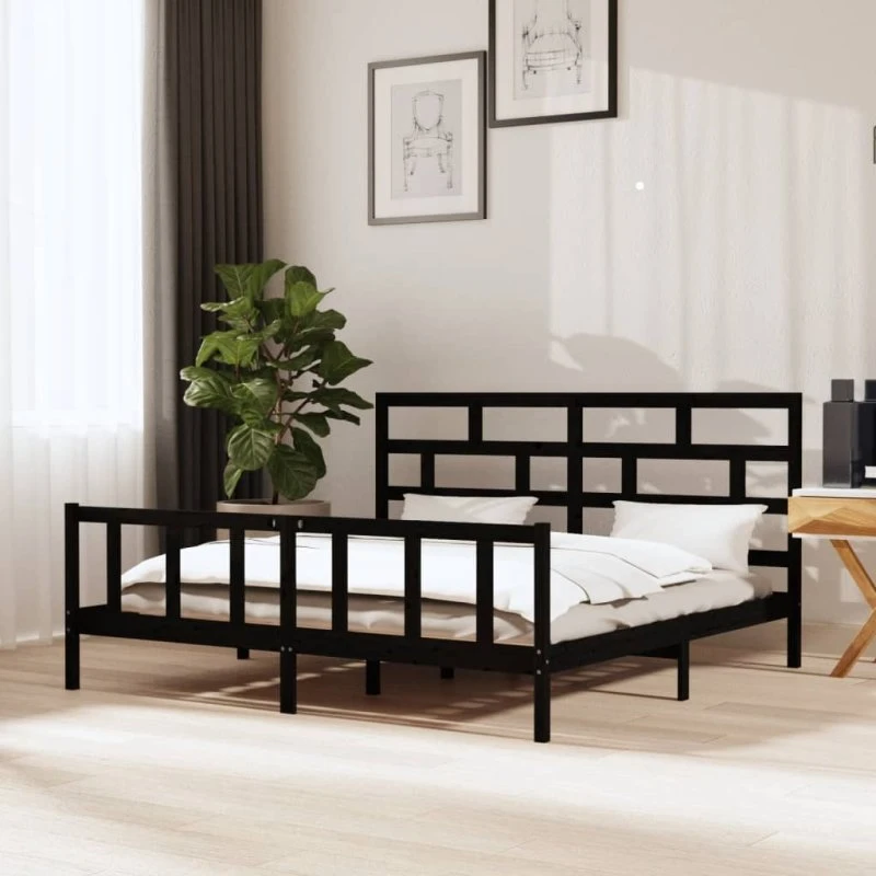 Sengeramme 200x200 cm i massivt fyrretræ – sort