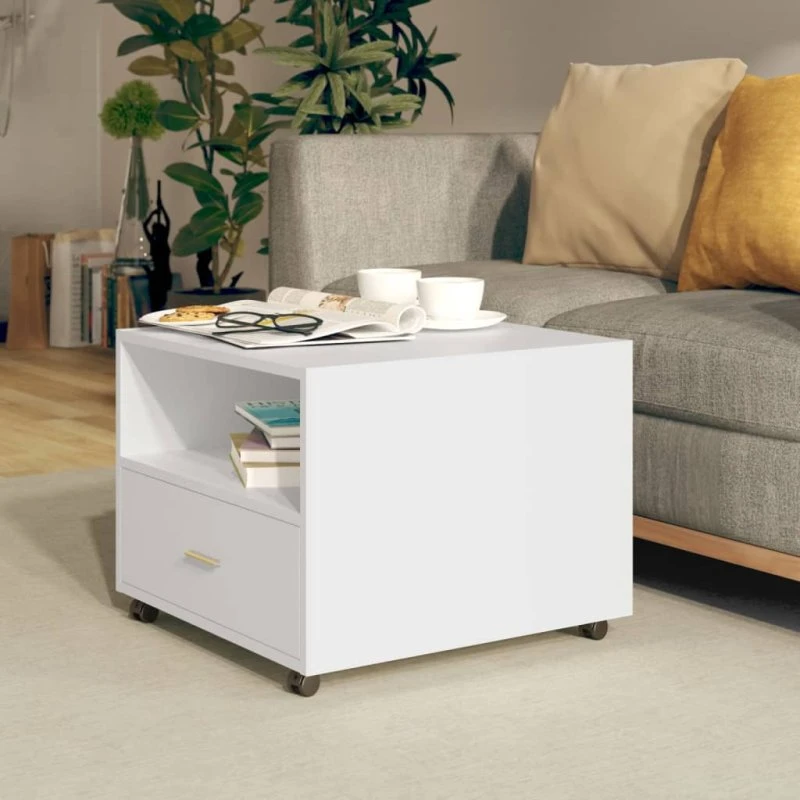 Sofabord 55x55x40 cm hvid – konstrueret træ med hjul