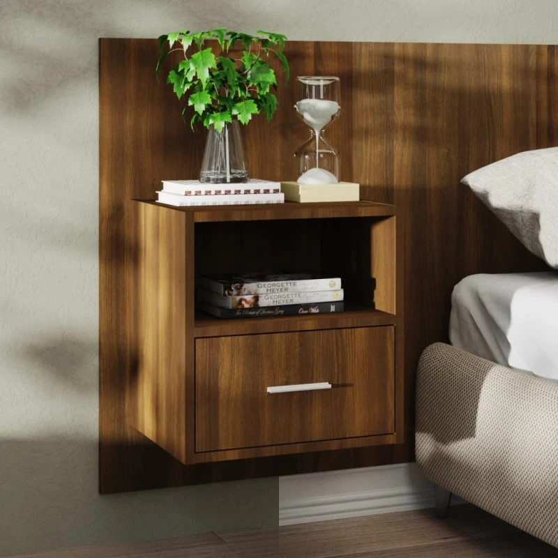 Væghængt sengebord i brun eg – pladsbesparende design