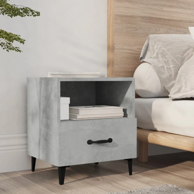 Sengebord i konstrueret træ (betongrå) – 1 skuffe