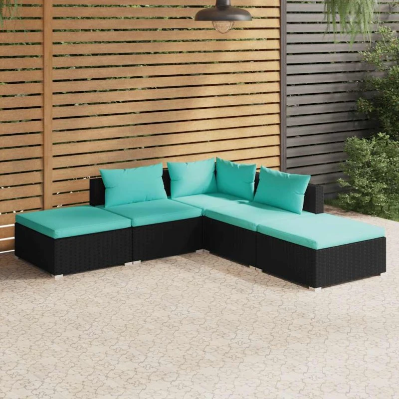 Loungesæt til haven 5 dele i sort polyrattan med hynder