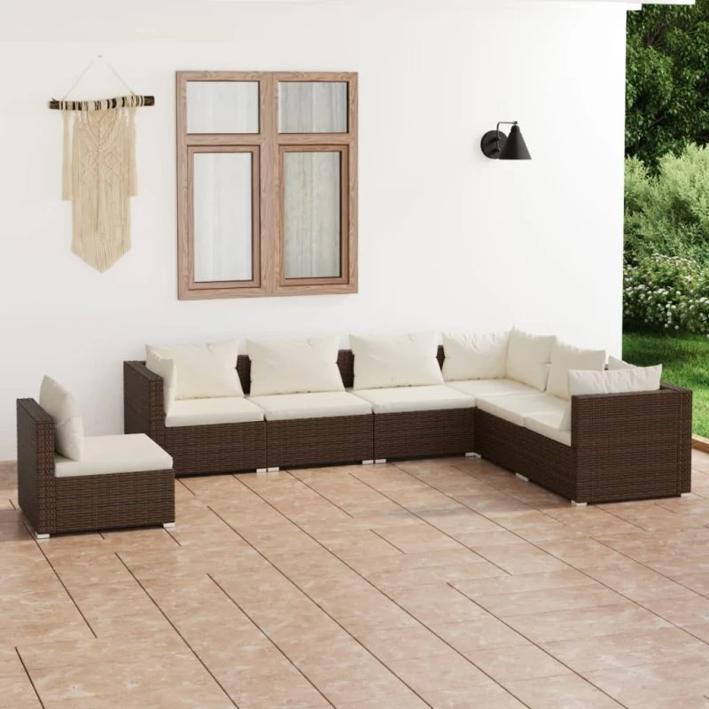 Loungesæt til haven 7 dele i brun polyrattan med hynder