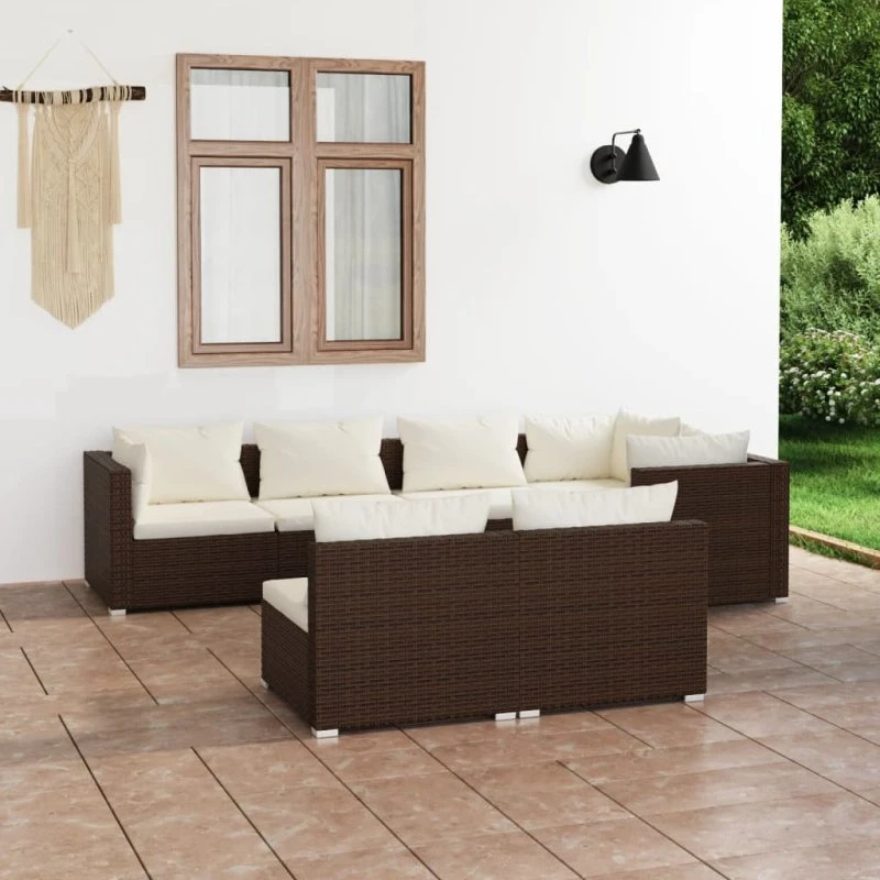 Loungesæt til haven 7 dele i brun polyrattan med hynder