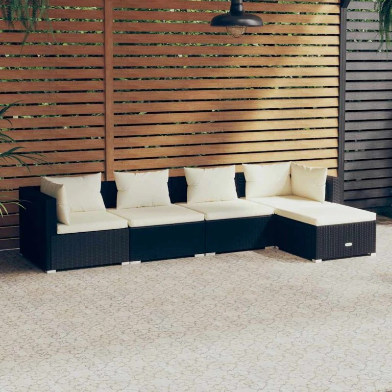 Loungesæt i polyrattan 5 dele med hynder - sort