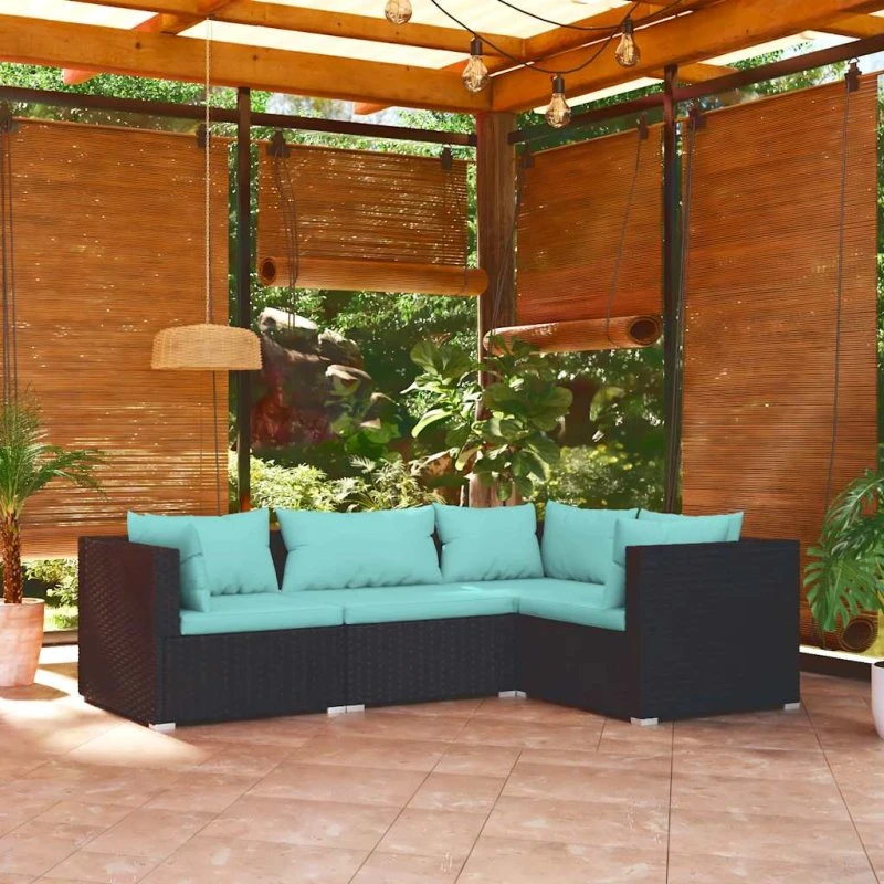 Loungesæt i polyrattan 4 dele med hynder – sort