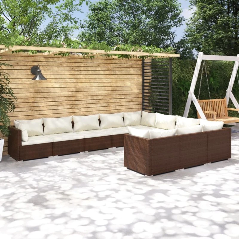 Loungesæt til haven 10 dele i brun polyrattan med hynder