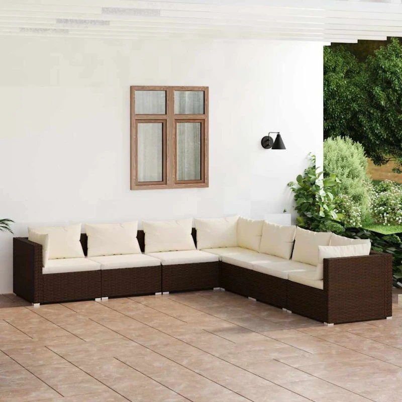 Loungesæt 7 dele i brun polyrattan med hynder