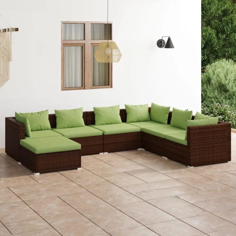 7-dele loungesæt i polyrattan med hynder - brun