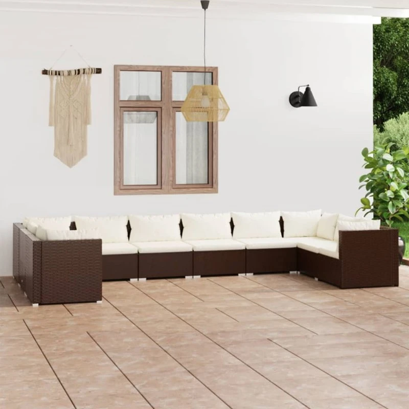 Loungesæt til haven 10 dele i brun polyrattan med hynder