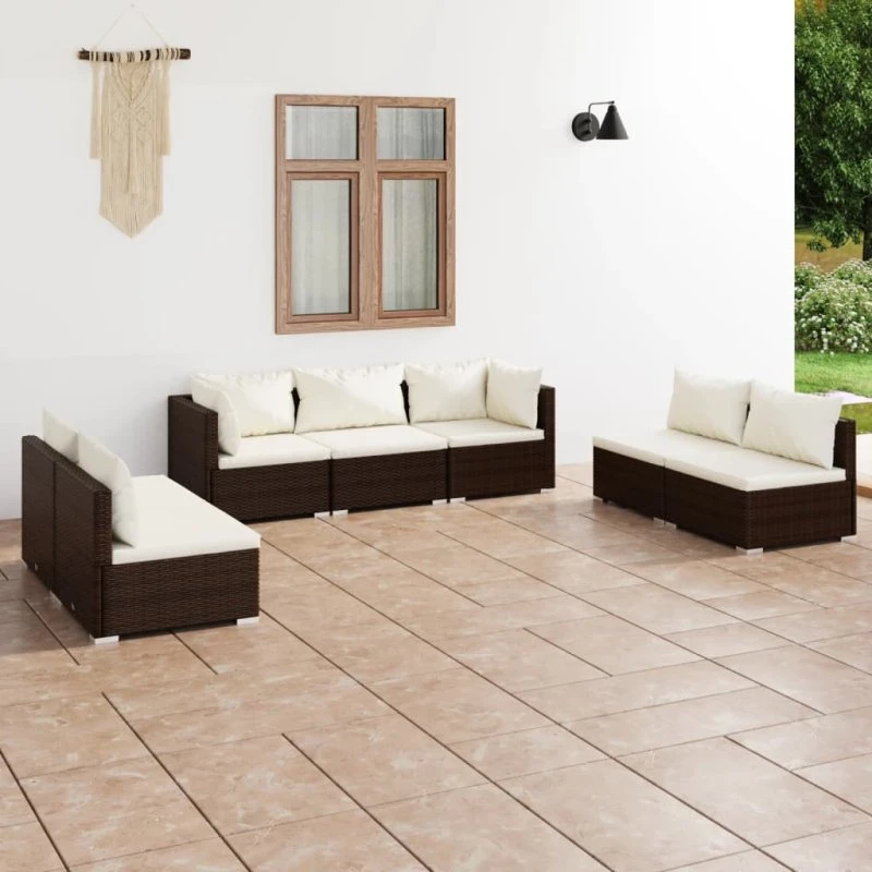 Loungesæt 7 dele i polyrattan brun med hynder