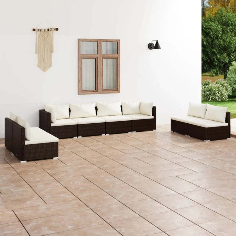 8-dele loungesæt i polyrattan med hynder - brun