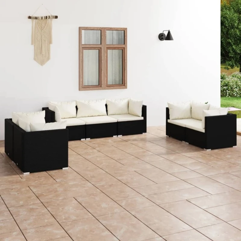 Loungesæt til haven 7 dele i sort polyrattan med hynder