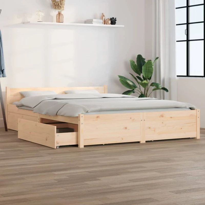 Sengeramme i massivt fyrretræ med skuffer 135x190 cm