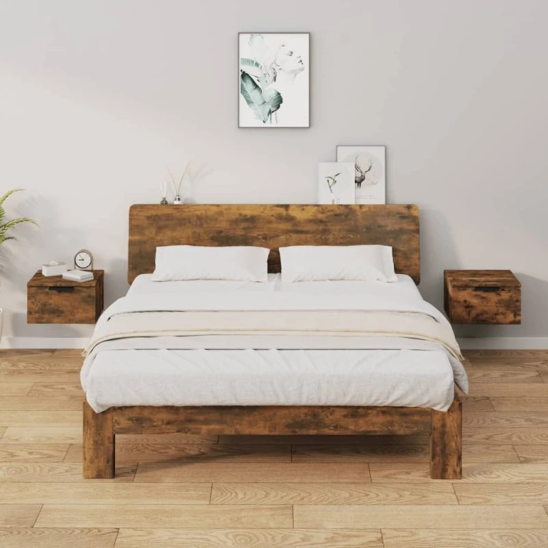 Væghængte sengeborde 2 stk. 34x30x20 cm – røget egetræ