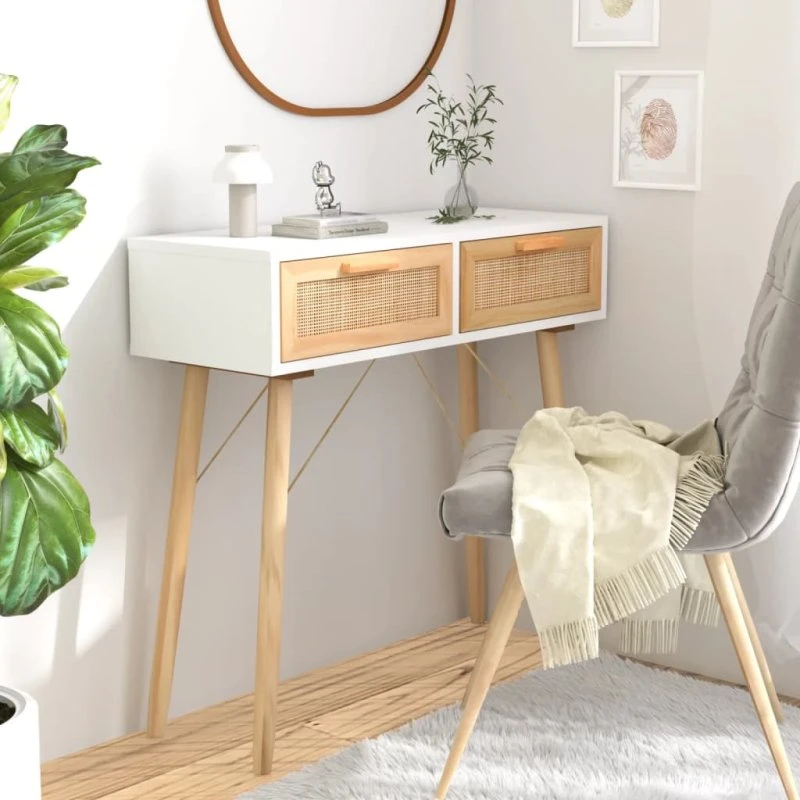 Konsolbord 80x30x75 cm fyrretræ & natur rattan - hvid