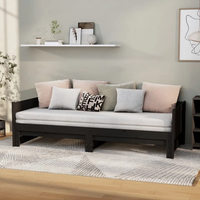 Daybed med udtræk i massivt fyrretræ, sort 2x80x200 cm