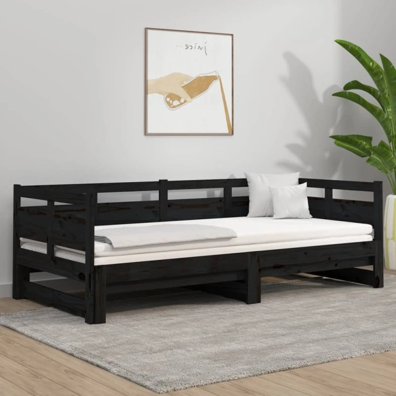 Daybed med udtræk 2x80x200 cm i massivt fyrretræ, sort