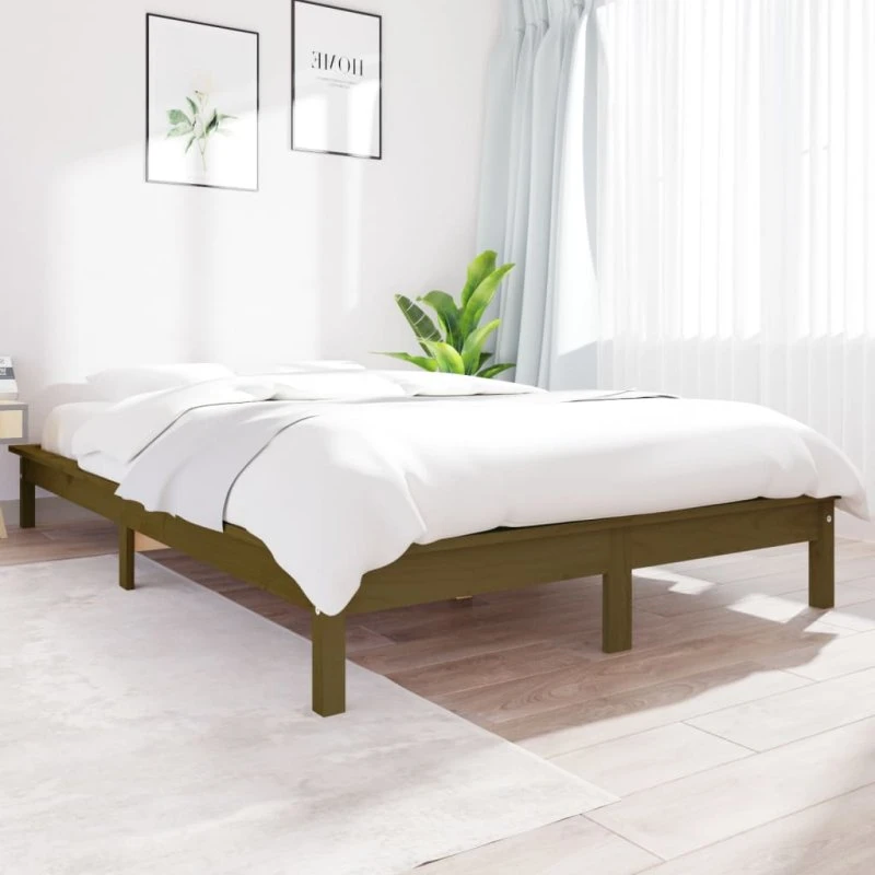 Sengeramme 135x190 cm i massivt fyrretræ - gyldenbrun