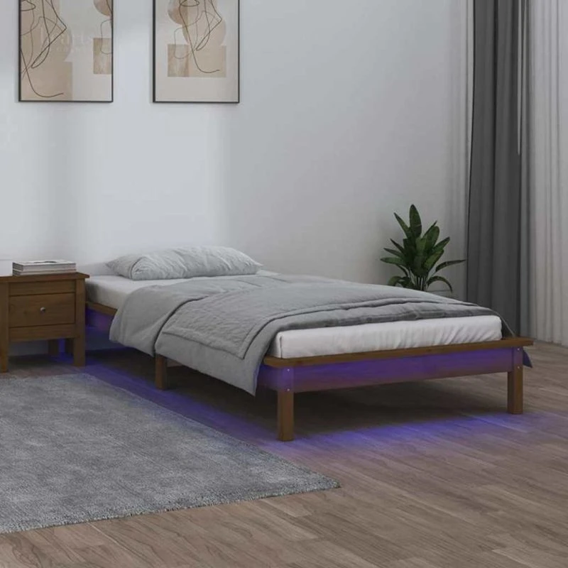 Sengeramme i massiv fyrtræ 90x190 cm med LED-lys