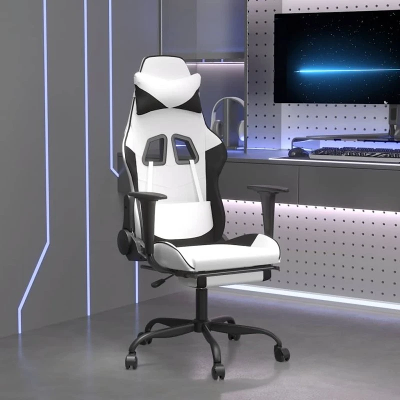 Gamingstol med massage & fodstøtte i kunstlæder, hvid/sort