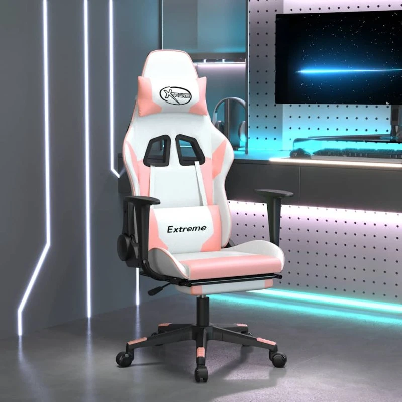 Gamingstol med massage og fodstøtte - hvid/lyserød