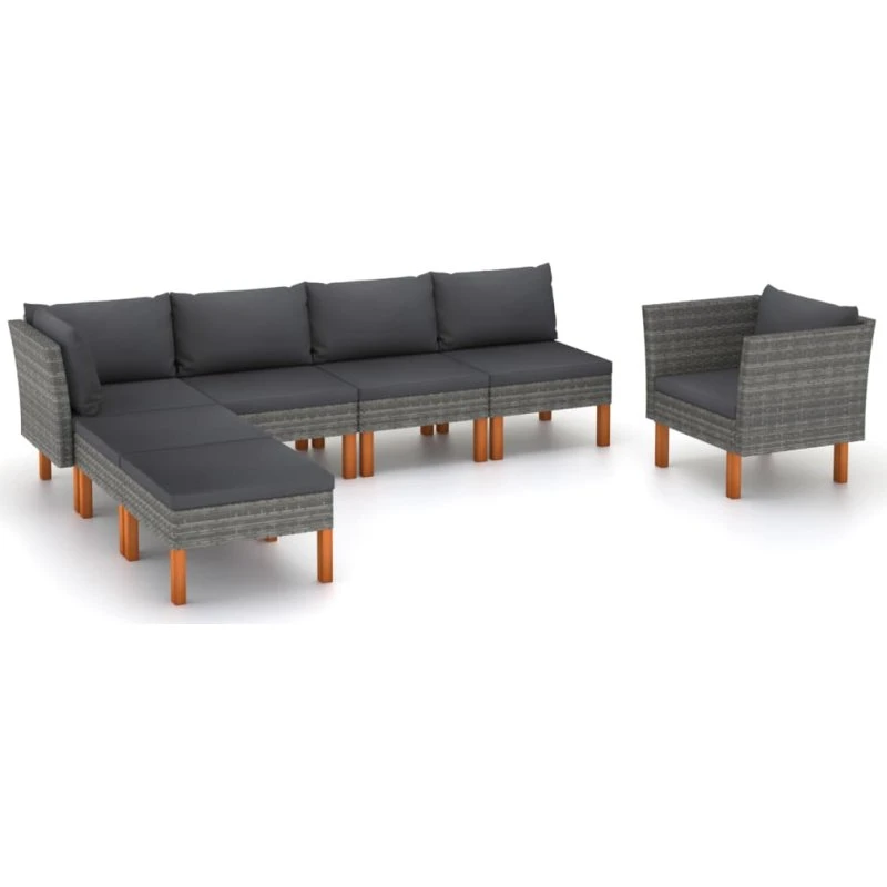 Loungesæt til haven 7 dele i grå polyrattan og eukalyptus
