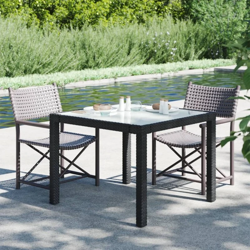 Havebord 90x90x75 cm i polyrattan med hærdet glas, sort