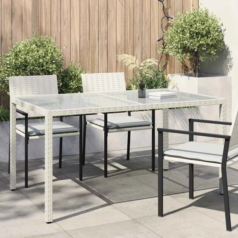 Havebord 150x90x75 cm – hvid polyrattan med hærdet glas