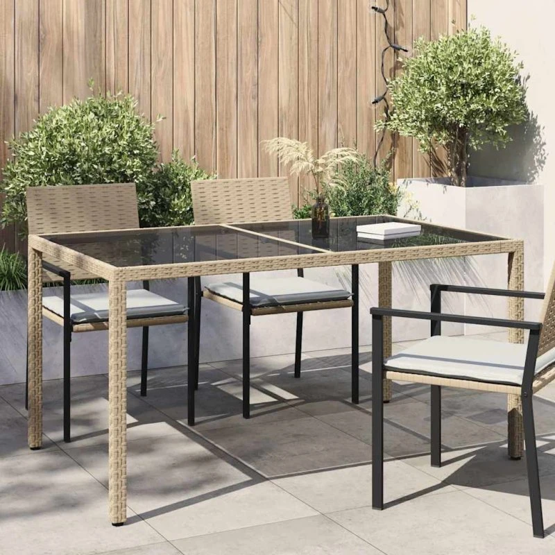 Havebord 150x90 cm i polyrattan med hærdet glas – beige