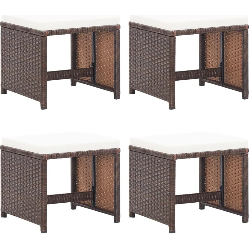 Havetaburetter 4 stk. med hynder - brun polyrattan