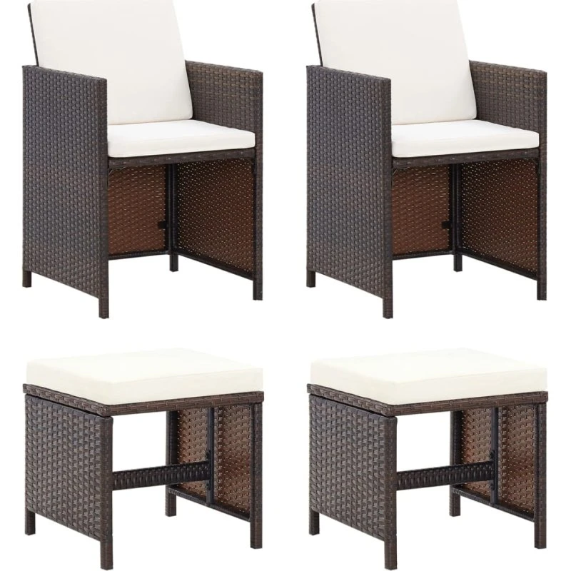 Havestole med skamler 4 dele i brun polyrattan