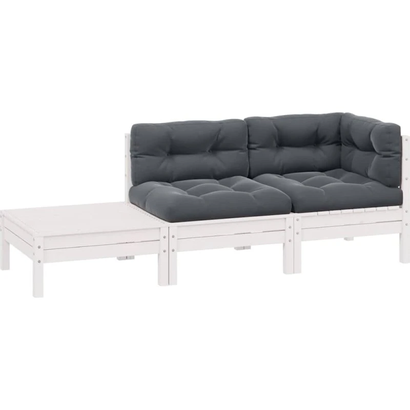 Loungesæt til haven 3 dele i massivt fyrretræ med hynder, hvid