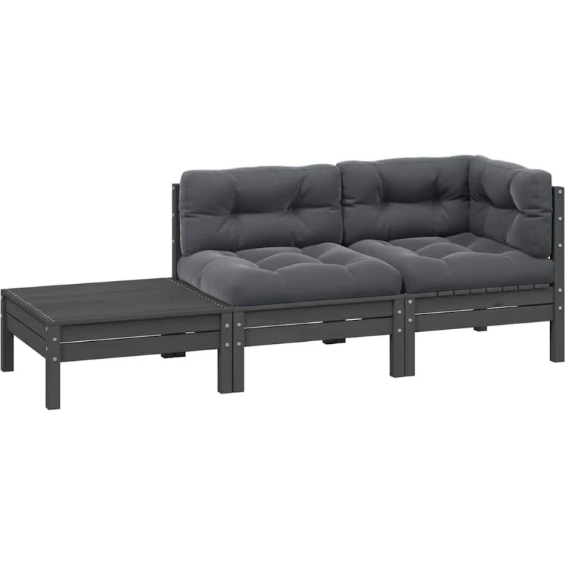 Loungesæt til haven 3 dele i massivt fyrretræ med hynder – grå