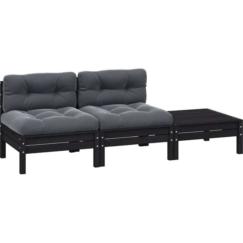 3-dele loungesæt til haven i massivt fyrretræ med hynder - sort