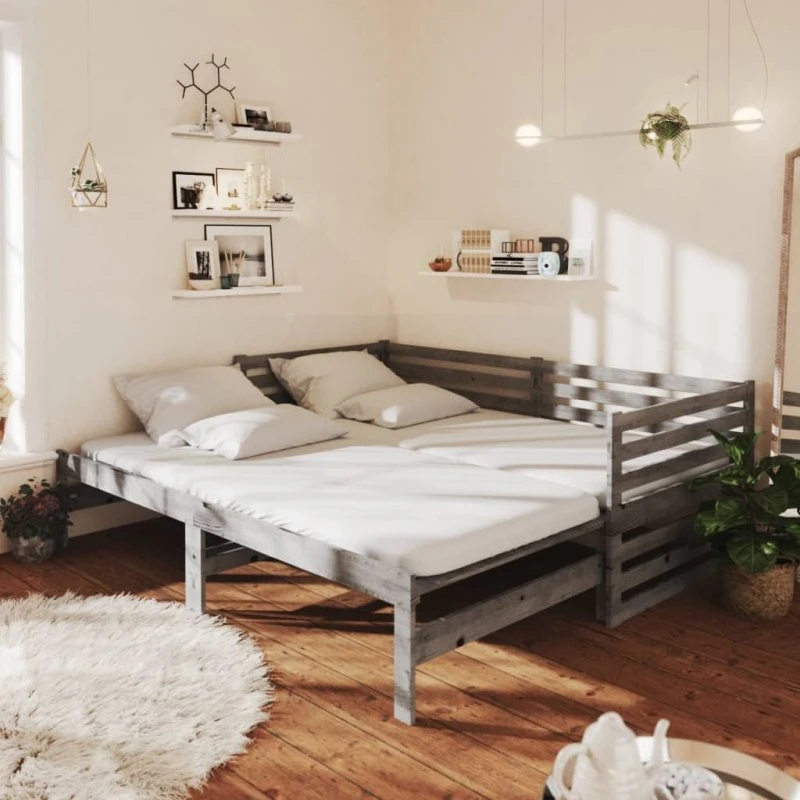 Daybed med udtræk 2x(90x200) cm – massivt fyrretræ, grå