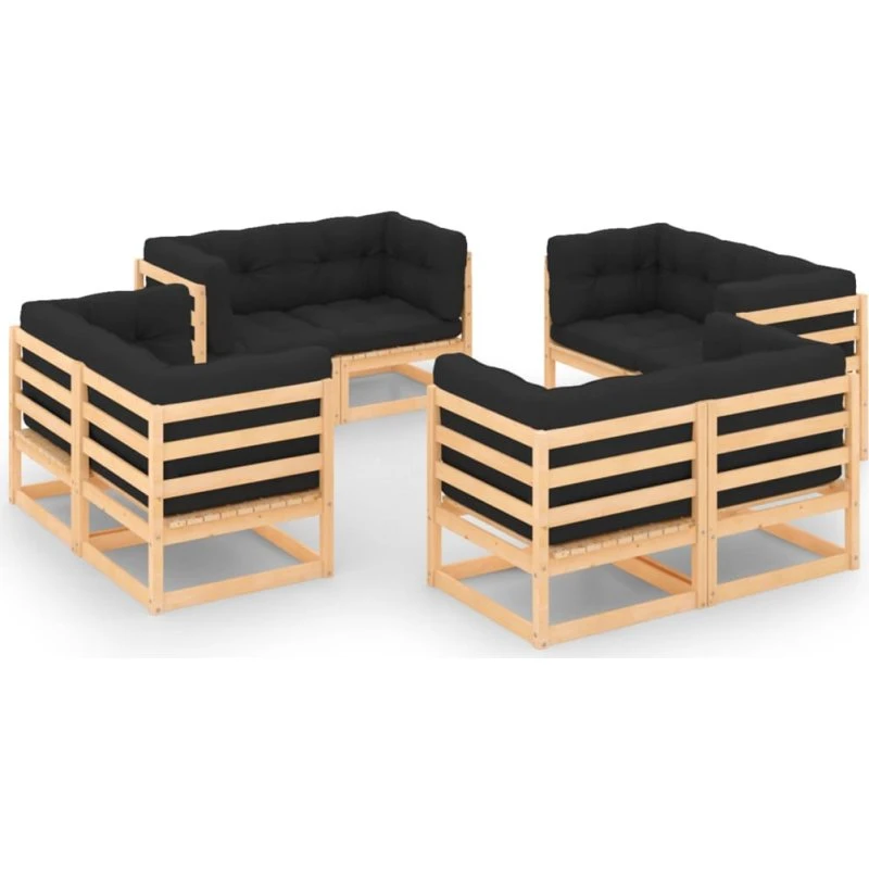 Loungesæt til haven 8 dele i massivt fyrretræ med hynder