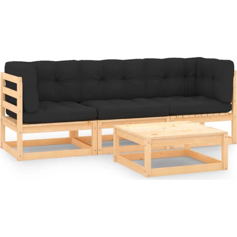 Loungesæt til haven 4 dele i massivt fyrretræ med hynder