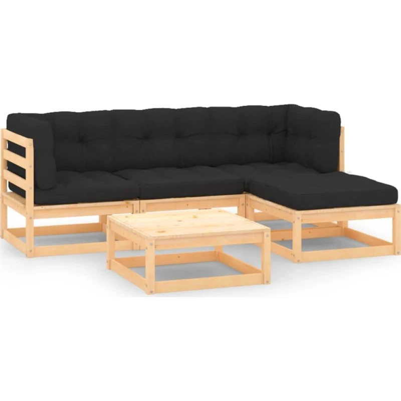 Loungesæt til haven 5 dele i massivt fyrretræ med hynder