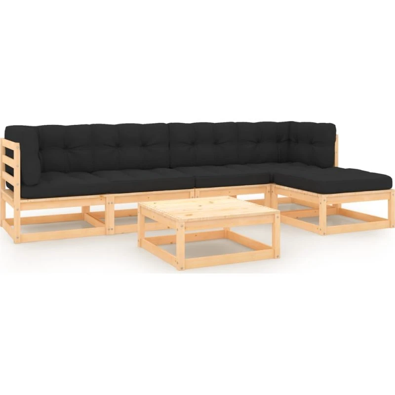 Loungesæt til haven 6 dele i massivt fyrretræ med hynder