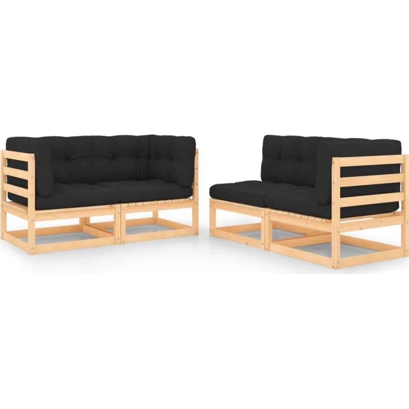 Loungesæt til haven 4 dele i massivt fyrretræ med hynder