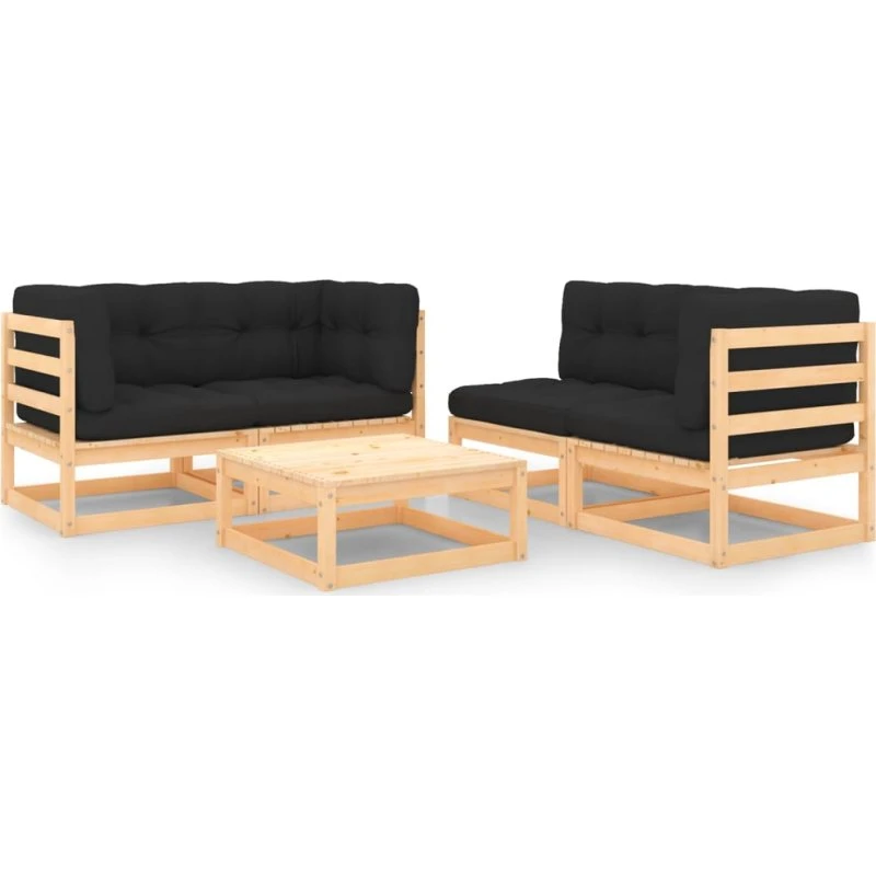 Loungesæt til haven 5 dele i massivt fyrretræ med hynder