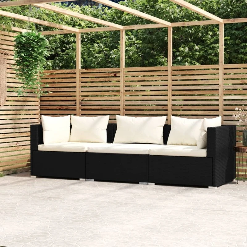 3-personers polyrattan sofa med hynder - sort