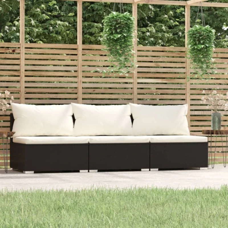 3-personers polyrattan sofa med hynder – sort