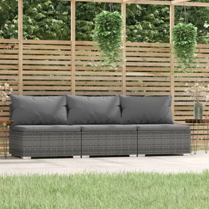 3-personers udendørs sofa i grå polyrattan med hynder