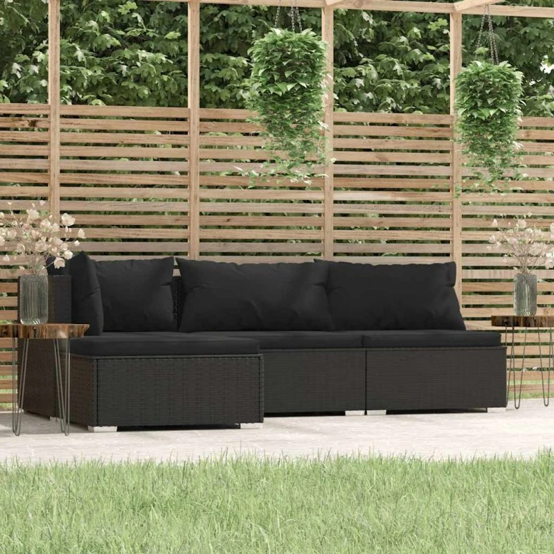 Loungesæt i polyrattan 4 dele med hynder – sort