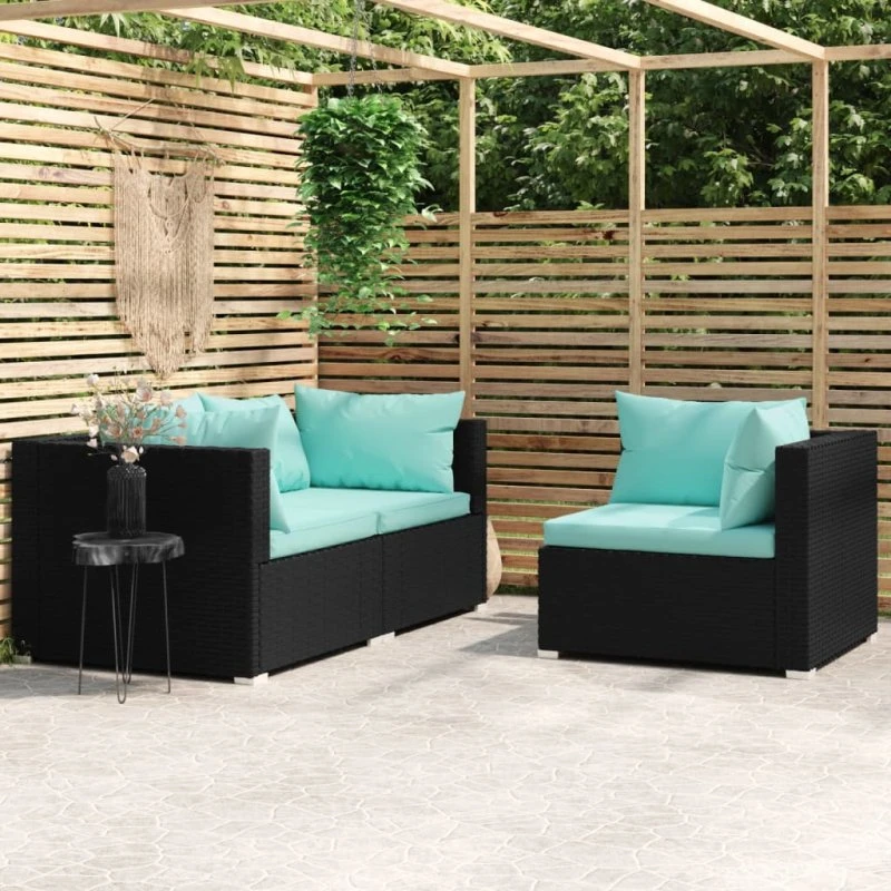 Loungesæt i polyrattan 3 dele med hynder – sort