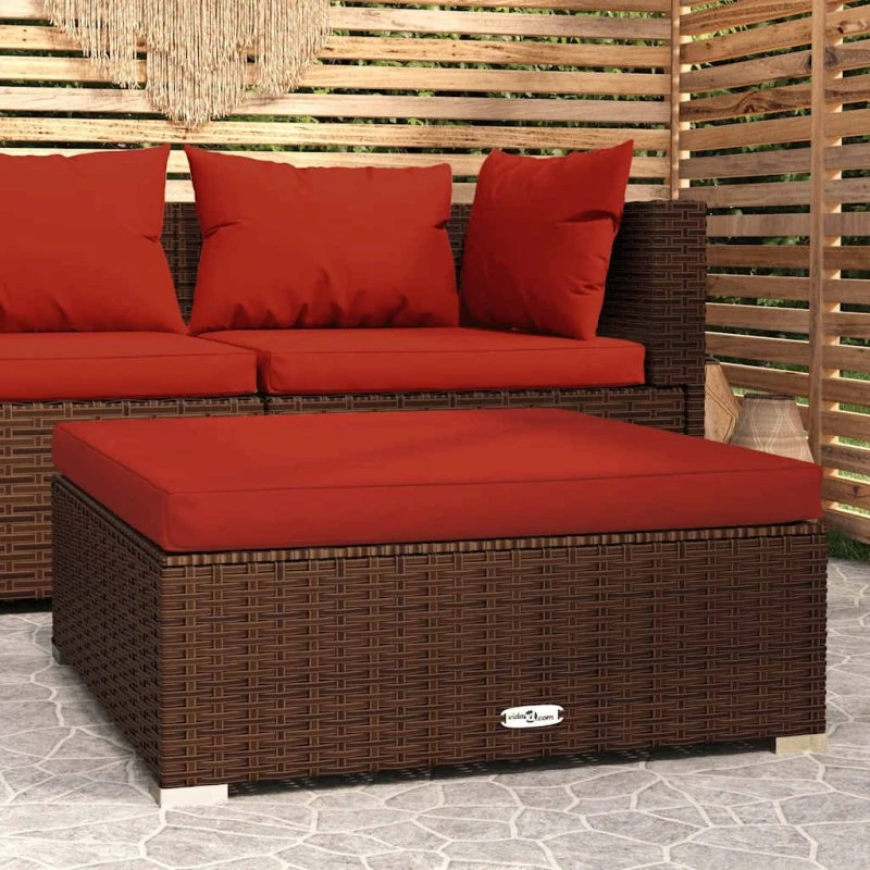 Fodskammel i polyrattan med hynde 70x70x30 cm - brun